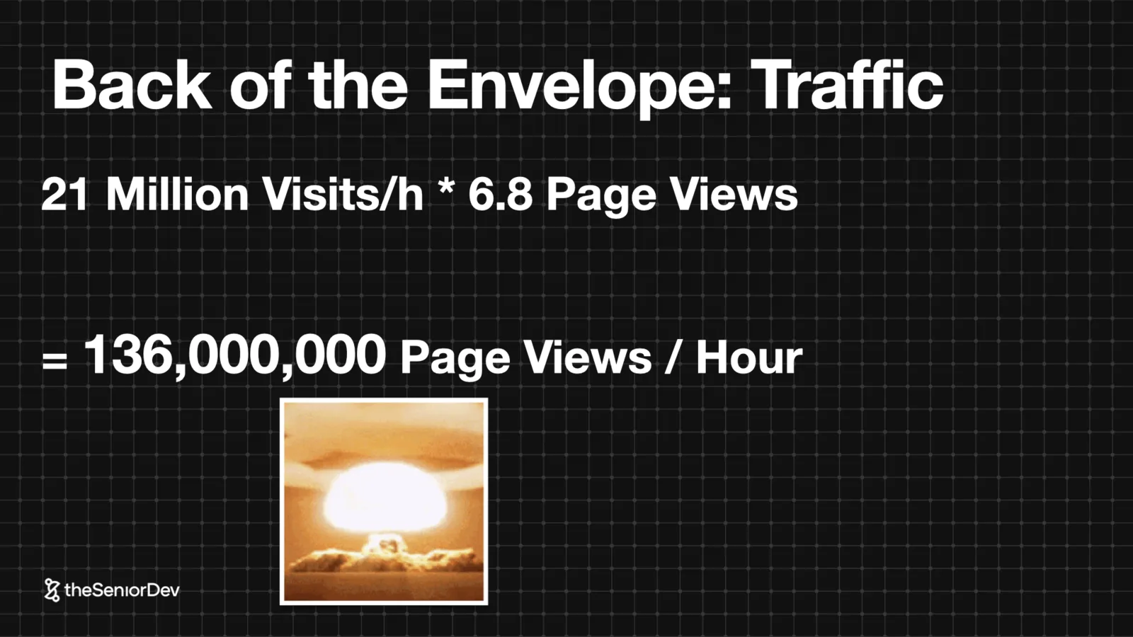 Back-of-the-envelope traffic analysis: 21 million visits per hour times 6.8 page views — theSeniorDev