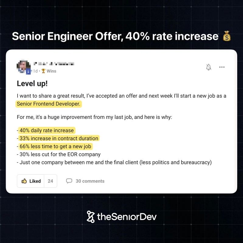 A community member shares a senior frontend offer and a 40% rate increase