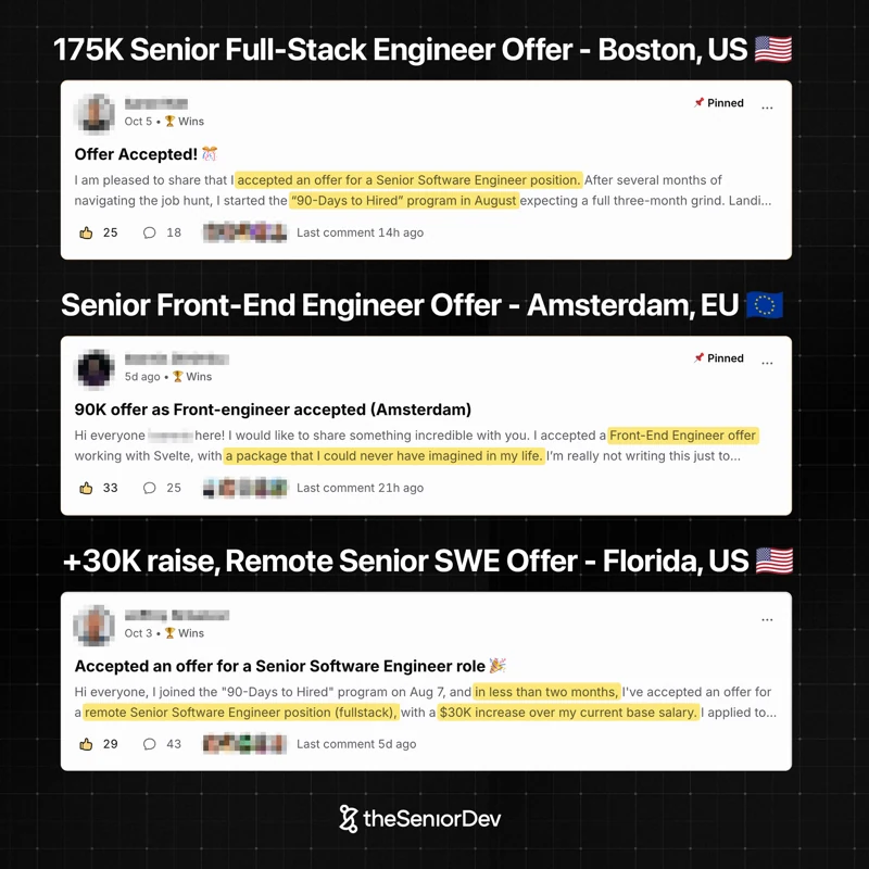 Three community posts sharing senior engineering offers in Boston, Amsterdam and Florida